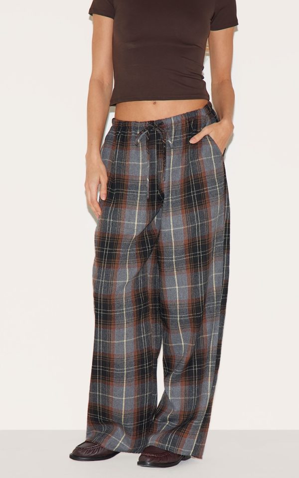 Dark Brown Check Print Drawstring Waist Slouchy Pants
