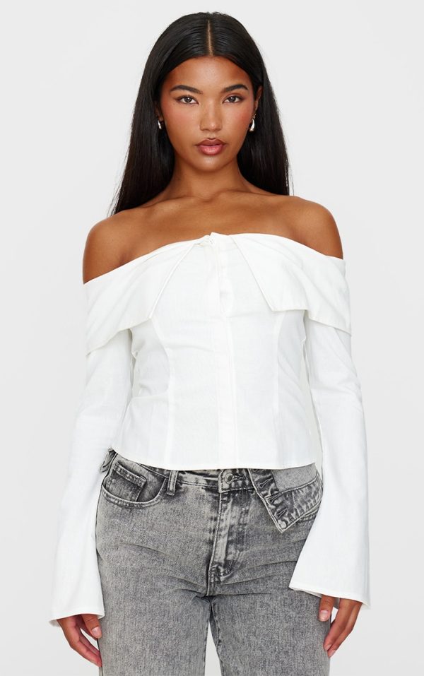 White Bardot Foldover Long Sleeve Top