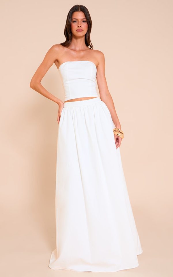 White Woven Band Detail Pleated Maxi Skirt