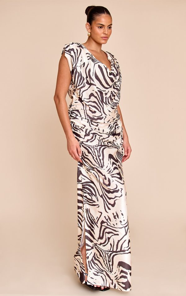 Plus Monochrome Printed Extreme Cowl Ruched Detail Maxi Dress