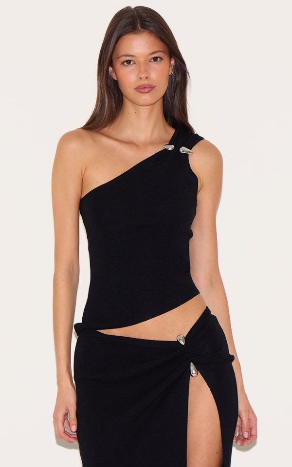 Black Fine Knit Trim Detail One Shoulder Top