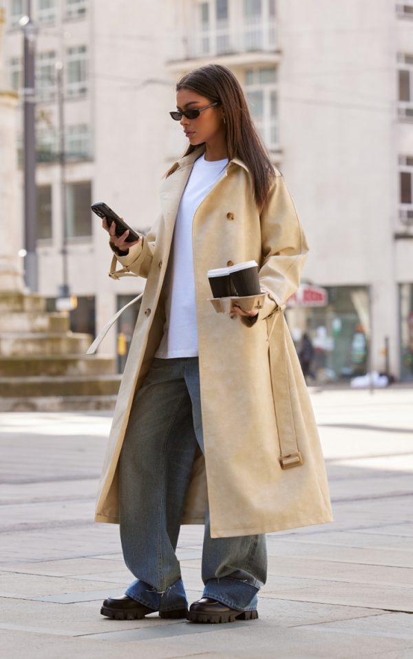Cream Textured Faux Leather Trench Coat