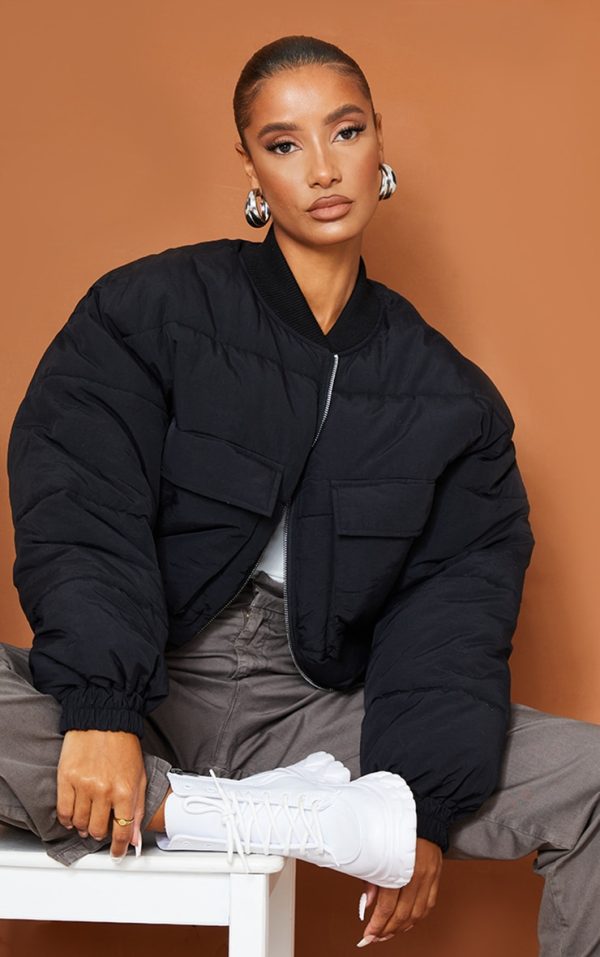 Black Nylon Pocket Front Panel Sleeve Oversized Bomber Jacket