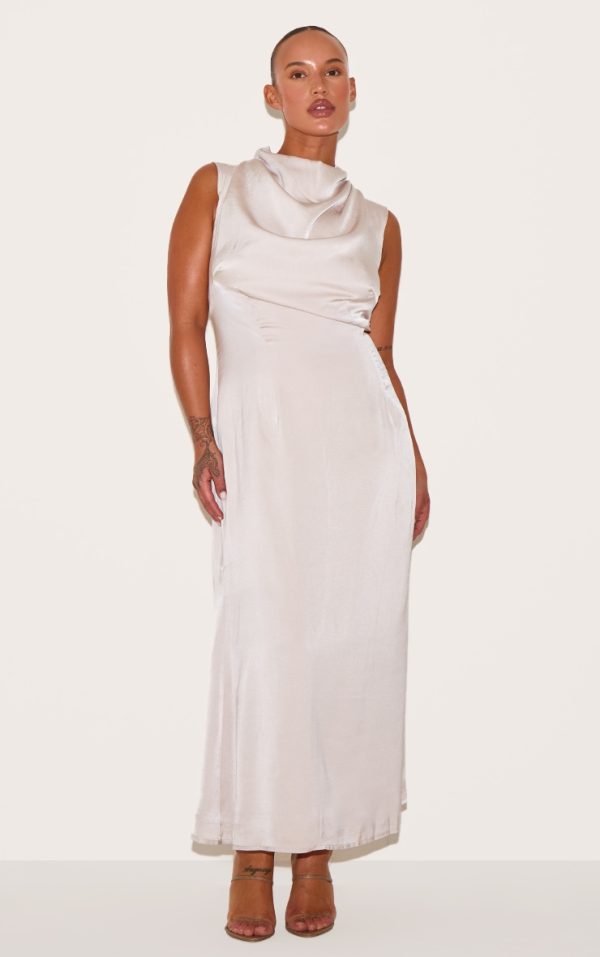 Plus Oyster Satin High Neck Midaxi Dress