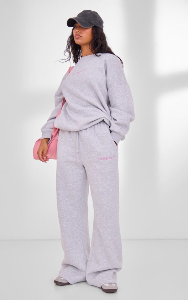 PLT SPORT Ash Grey Embroidered Drawstring Waist Wide Leg Sweatpants