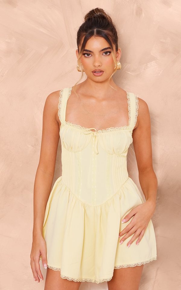 Lemon Woven Corset Lace Trim Romper