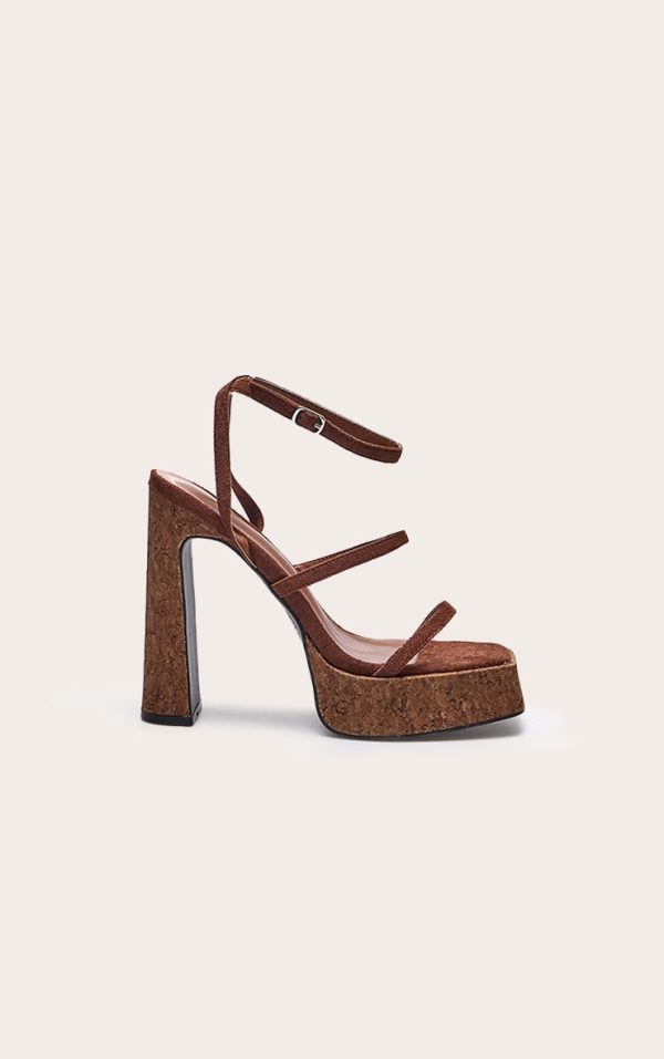 Chocolate Faux Suede Square Toe Platform Cork Heeled Sandals
