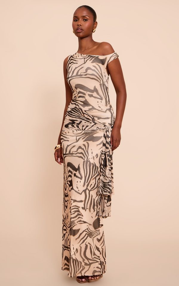 Cream Zebra Print Mesh Asymmetric Neckline Maxi Dress