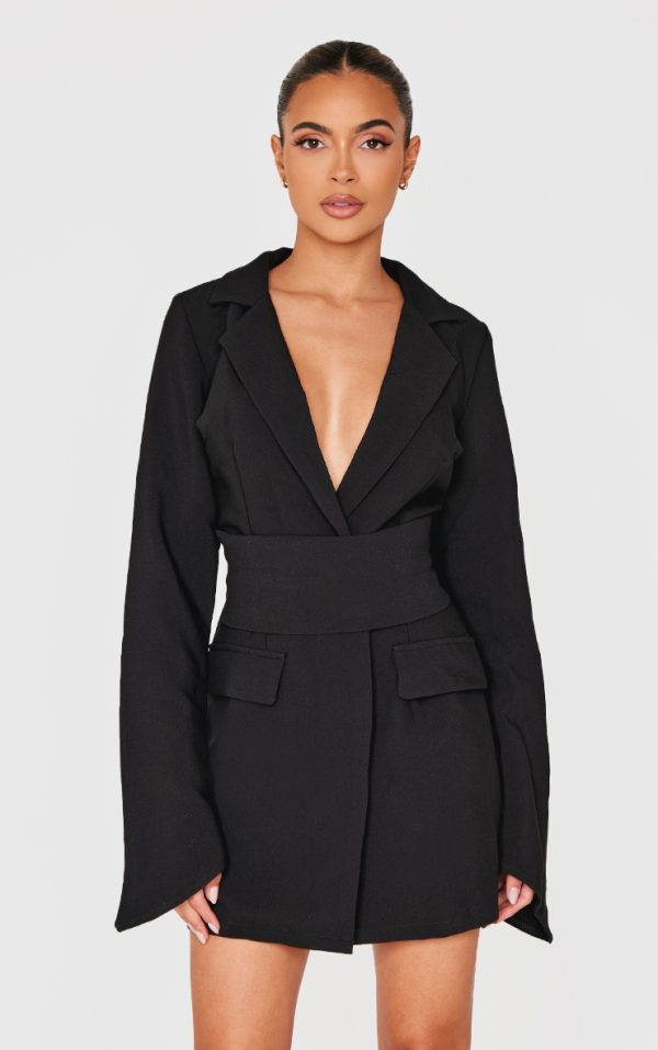 Black Woven Wrap Belted Blazer Dress