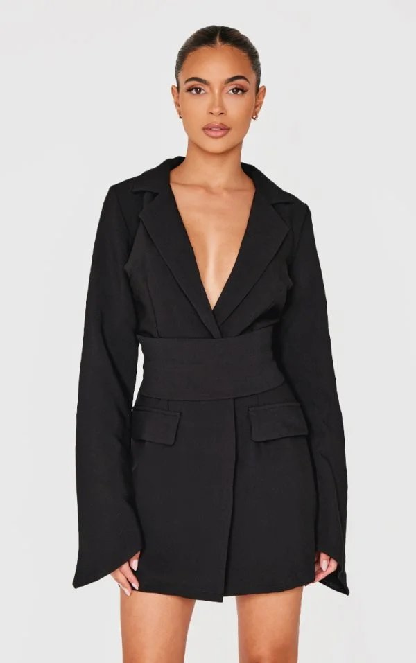Black Woven Wrap Belted Blazer Dress