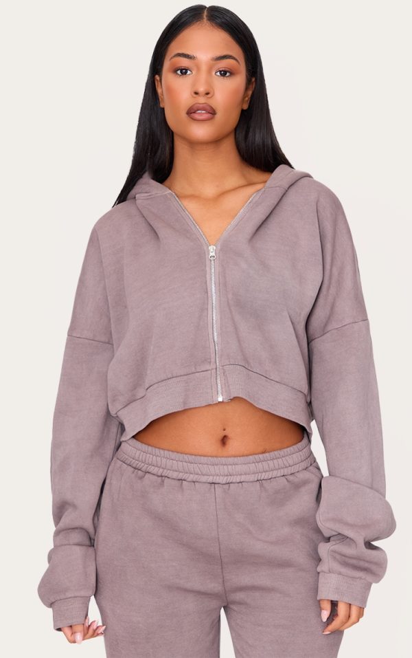 Tall Washed Brown Crop Boxy Zip Through Hoodie