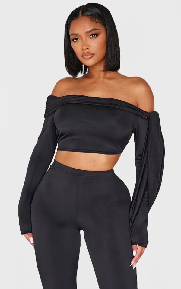 Shape Black Sculpt Wrap Bardot Long Sleeve Top