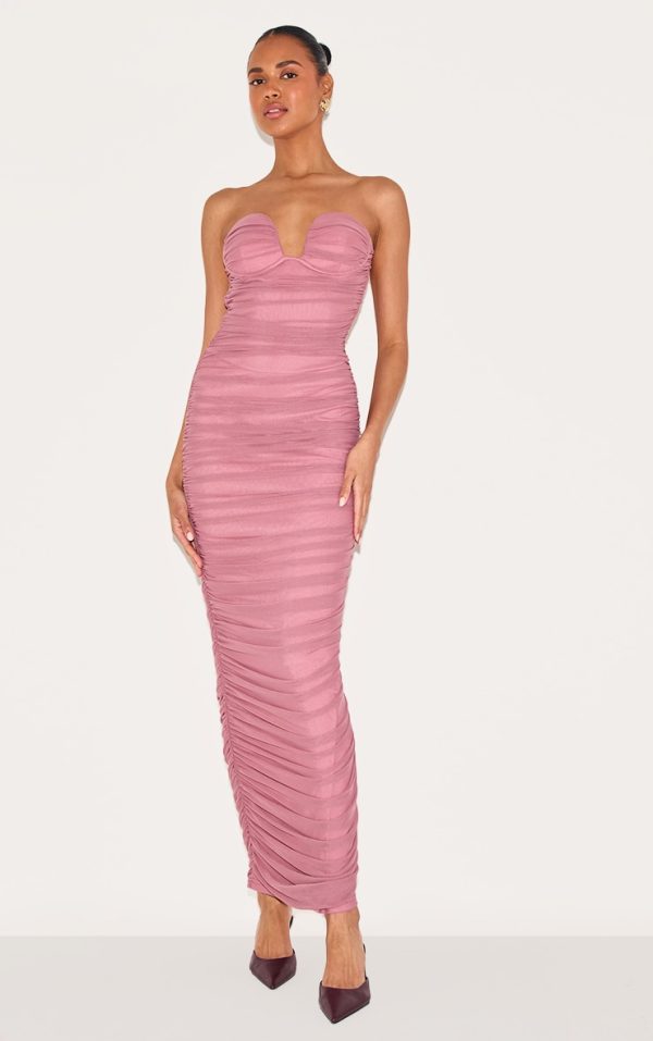 Blush Rose Mesh Ruched Bandeau Maxi Dress