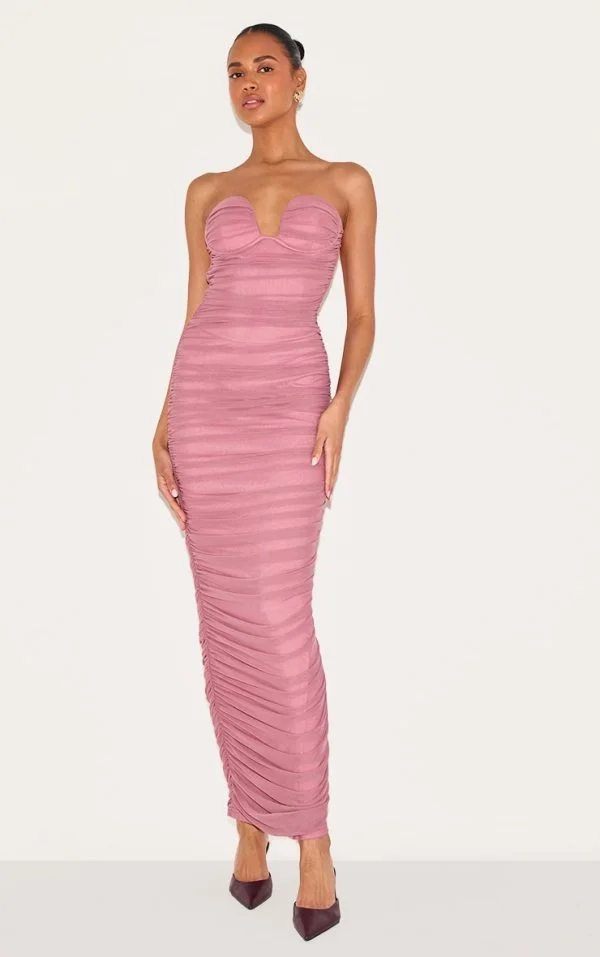 Blush Rose Mesh Ruched Bandeau Maxi Dress