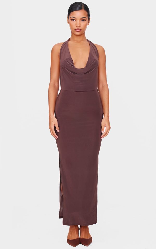 Chocolate Slinky Cowl Halterneck Maxi Dress