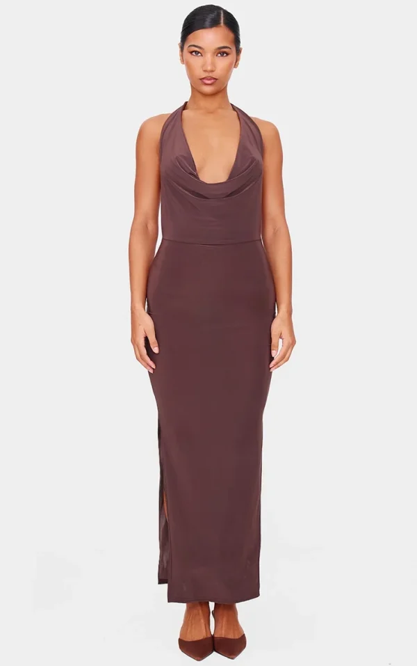 Chocolate Slinky Cowl Halterneck Maxi Dress