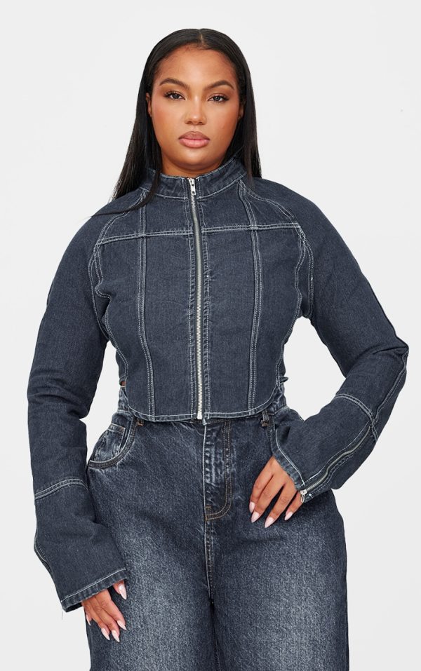 Plus Indigo Blue Wash Zip Up Cuff Detail Denim Jacket