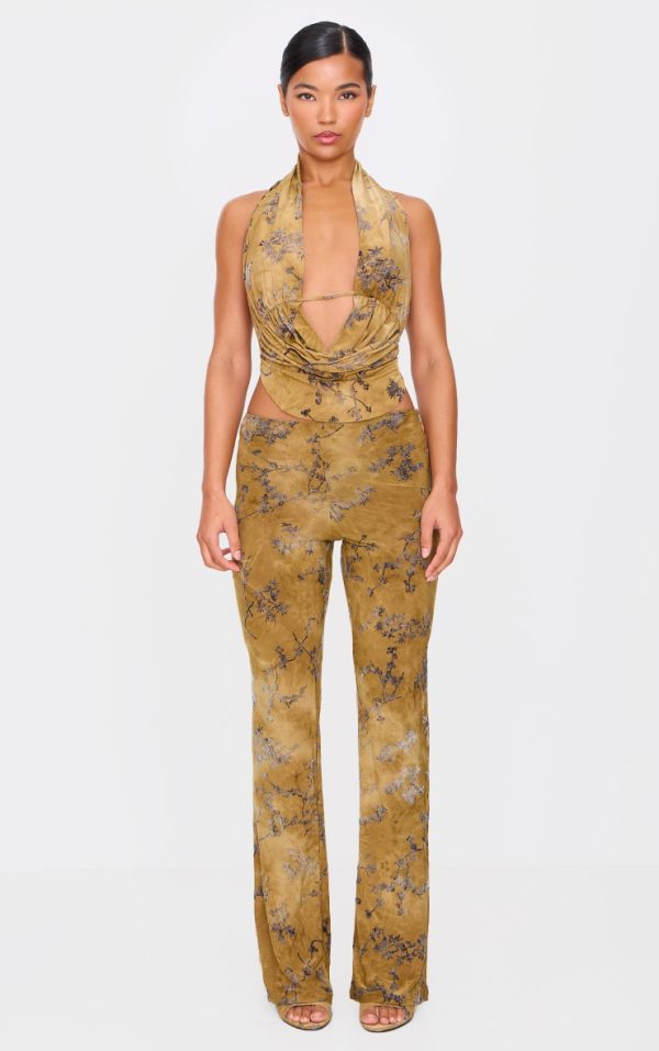Olive Floral Print Devore Slim Flare Pants