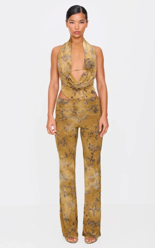Olive Floral Print Devore Slim Flare Pants