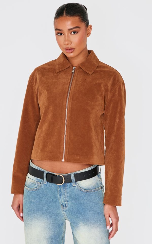 Tan Zip Up Faux Suede Jacket