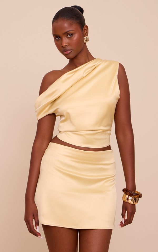 Lemon Satin One Shoulder Cowl Asymmetrical Top