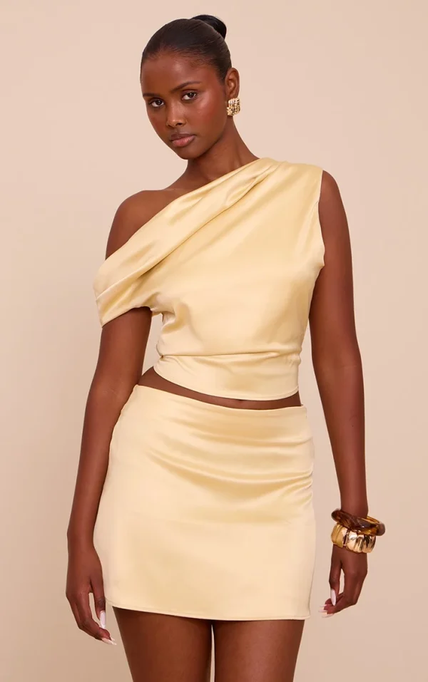 Lemon Satin One Shoulder Cowl Asymmetrical Top