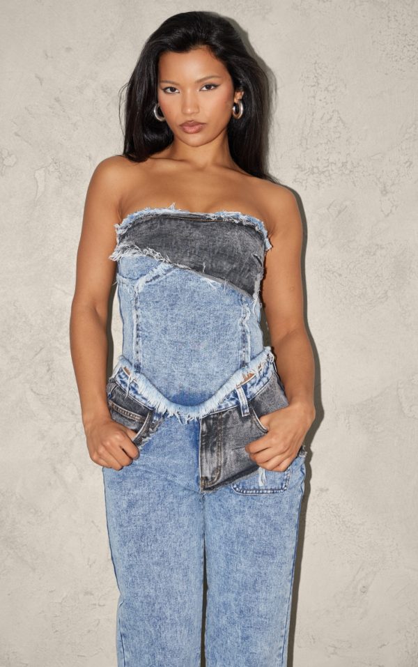 Mid Blue Acid Wash Layered Raw Hem Bandeau Denim Top