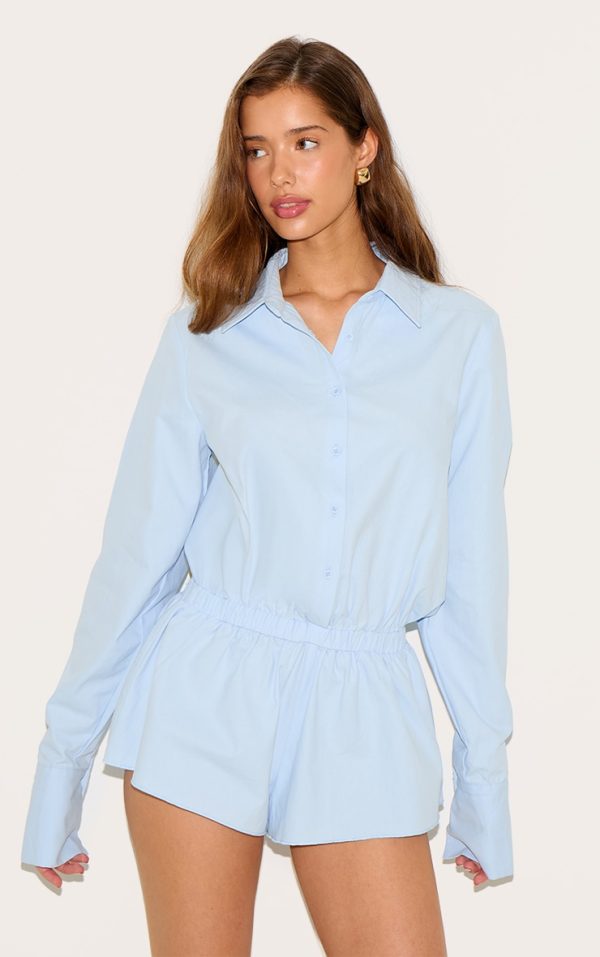 Sky Blue Cotton Ruched Tiered Skort Shirt Romper