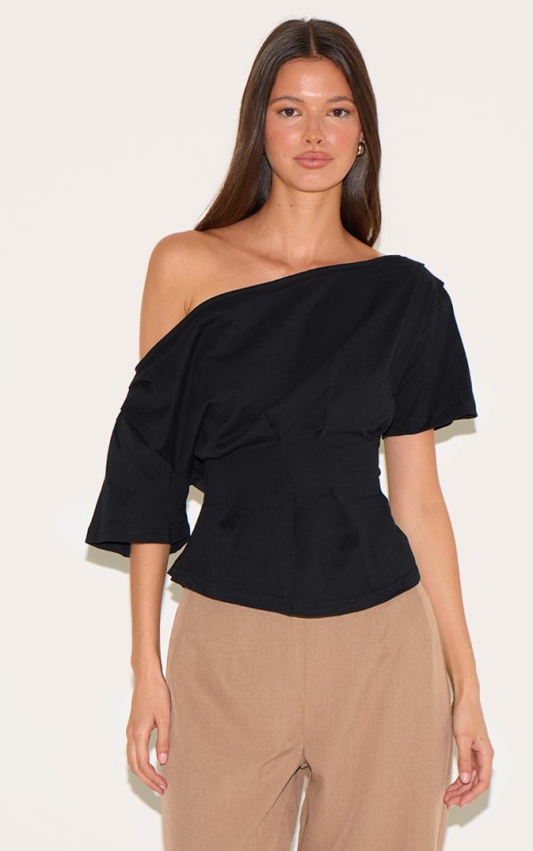 Black Cinched Waist Structured T Shirt