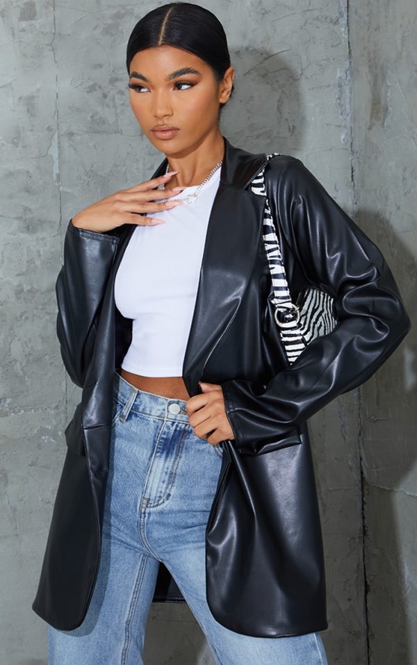 Black PU Pocket Look Double Button Blazer