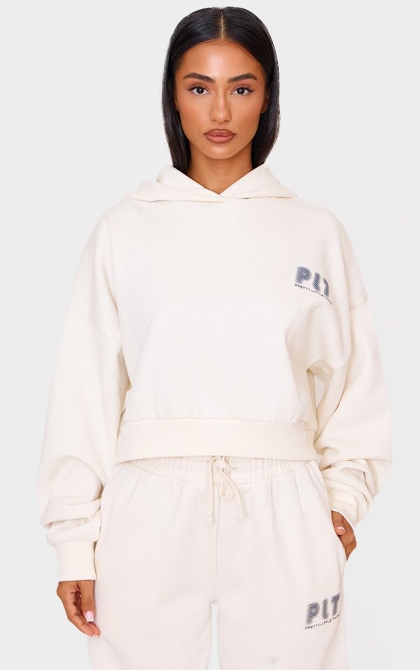 Petite Cream Printed Boxy Hoodie