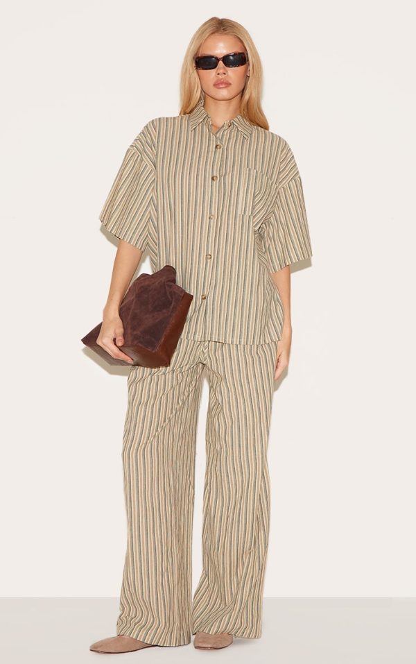 Green Pinstripe Drawstring Straight Leg Pants