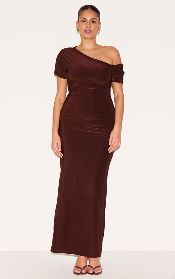 Plus Dark Chocolate Double Layer Slinky Asymmetric Ruched Sleeve Maxi Dress