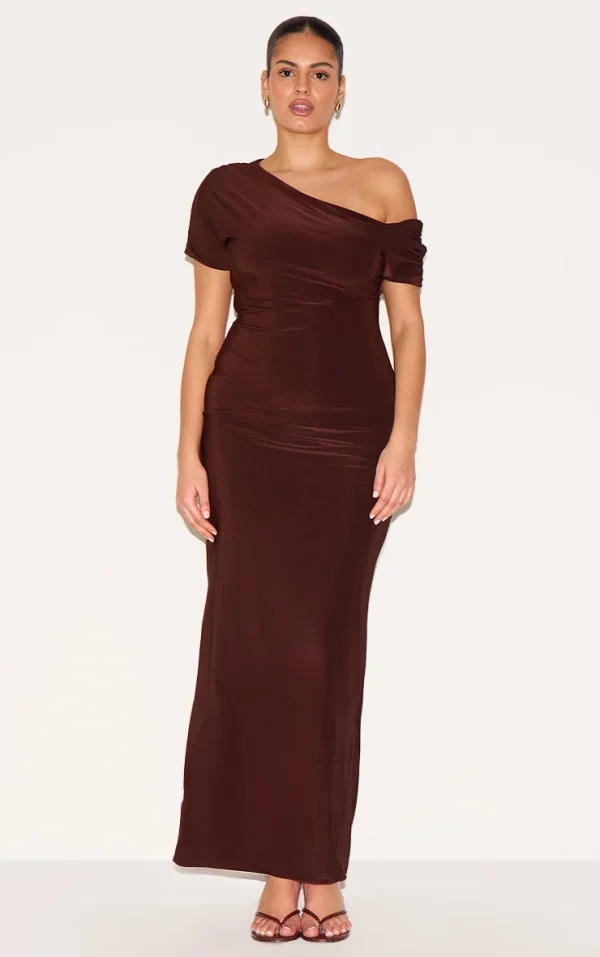 Plus Dark Chocolate Double Layer Slinky Asymmetric Ruched Sleeve Maxi Dress
