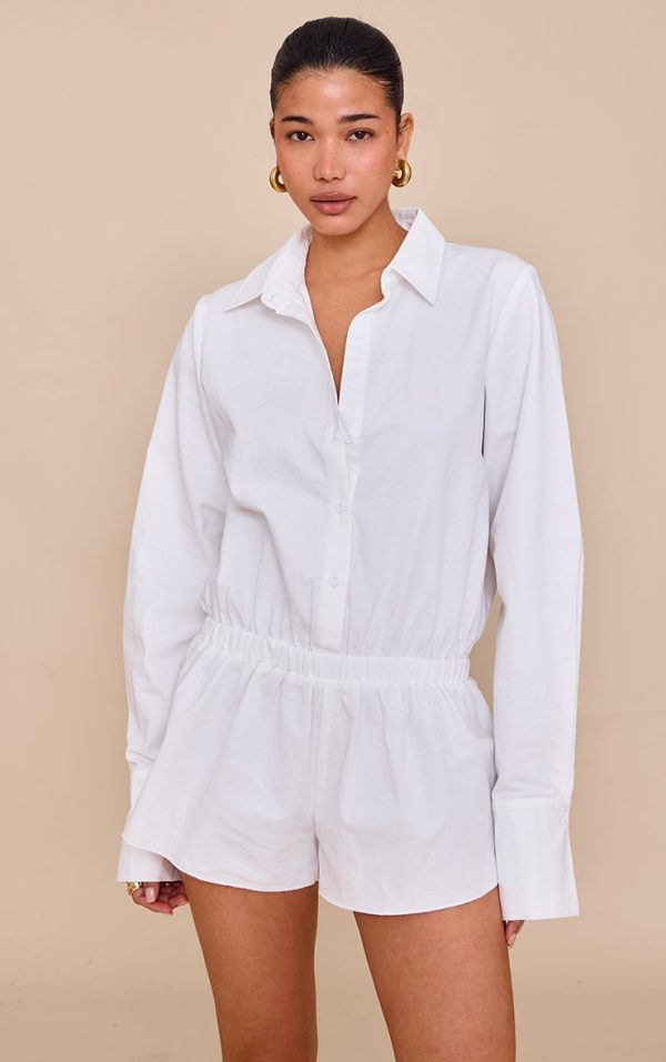 White Cotton Ruched Tiered Skort Shirt Romper