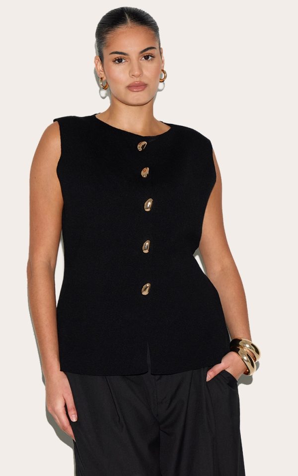 Plus Black Compact Knit Button Up Vest