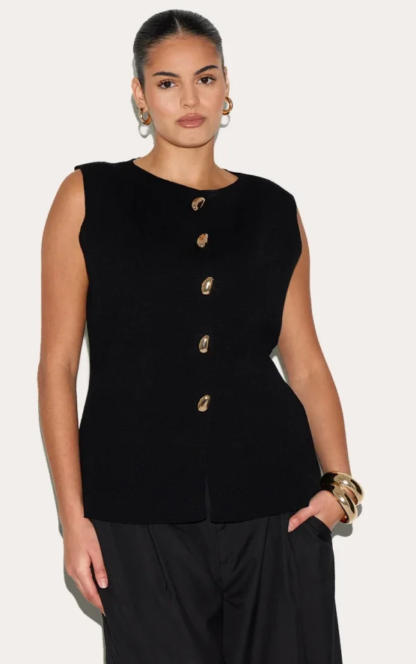 Plus Black Compact Knit Button Up Vest