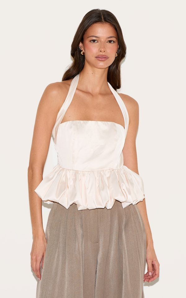 Cream Halterneck Puff Ball Top