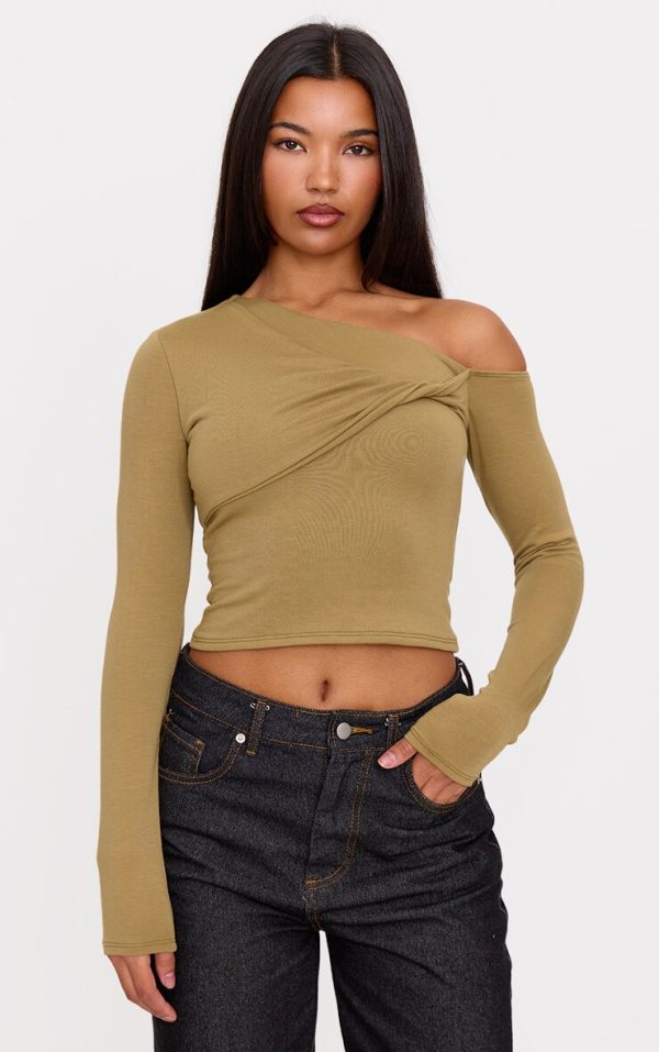 Olive Contour Jersey Asymmetric Twist Detail Long Sleeve Top