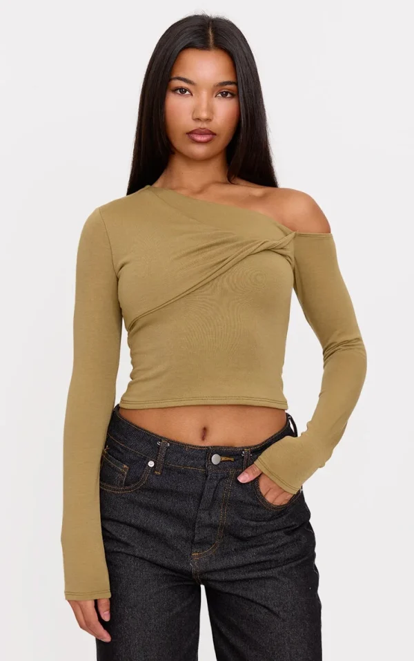 Olive Contour Jersey Asymmetric Twist Detail Long Sleeve Top