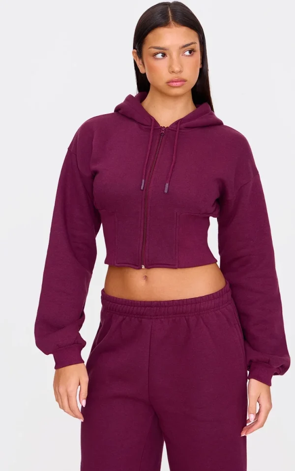 Burgundy Cinched Waist Cropped Zip Up Hoodie
