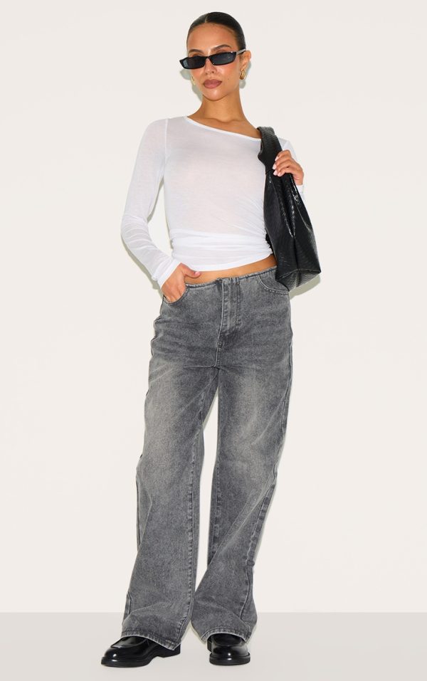 Petite Grey Denim Mid Rise Invisible Waistband Wide Leg Jeans