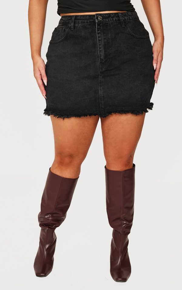 Plus Black Washed Raw Hem Mini Skirt