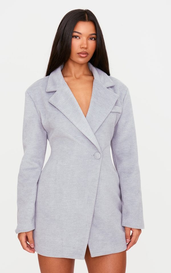 Grey Wool Look Cinched Waist Blazer Dress