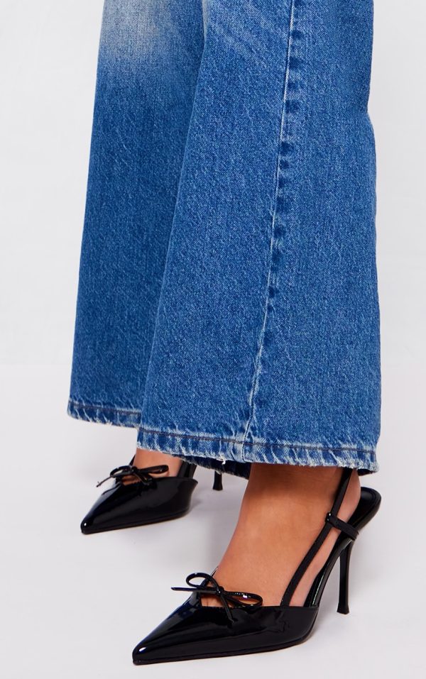 Black PU Patent Point Toe Bow Detail Mid Heel Courts