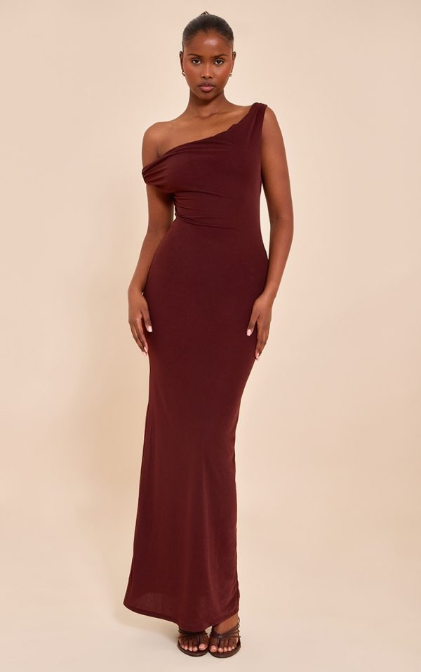 Chocolate Double Layered Chiffon Asymmetric Maxi Dress