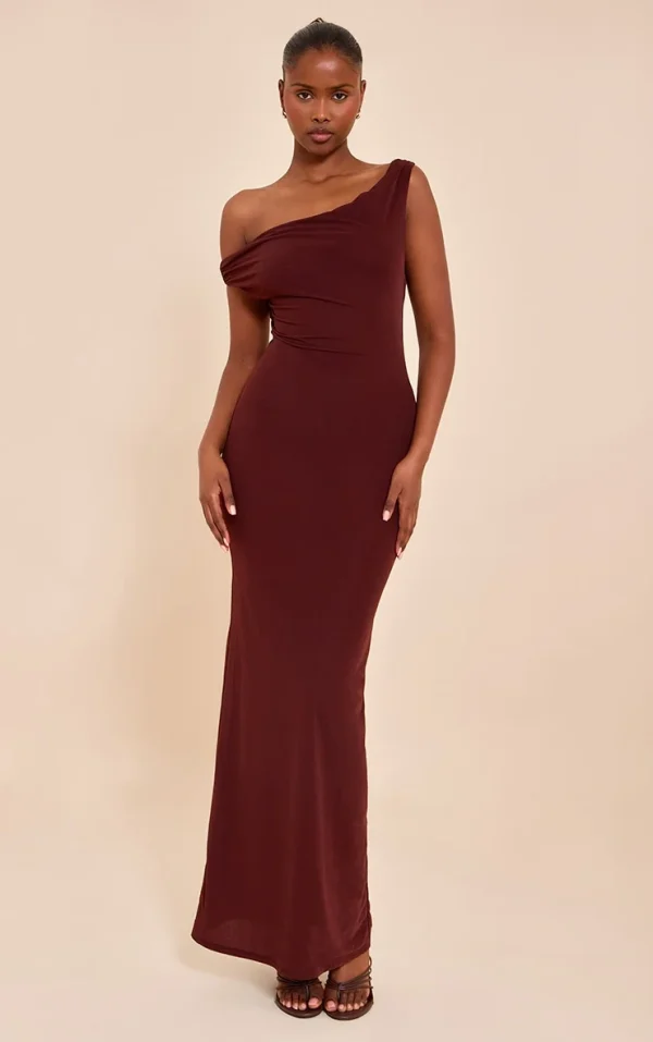 Chocolate Double Layered Chiffon Asymmetric Maxi Dress