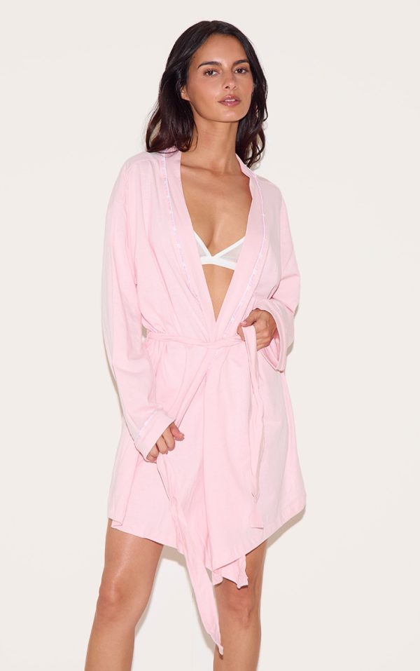 PRETTYLITTLETHING Pink Piping Jersey Robe