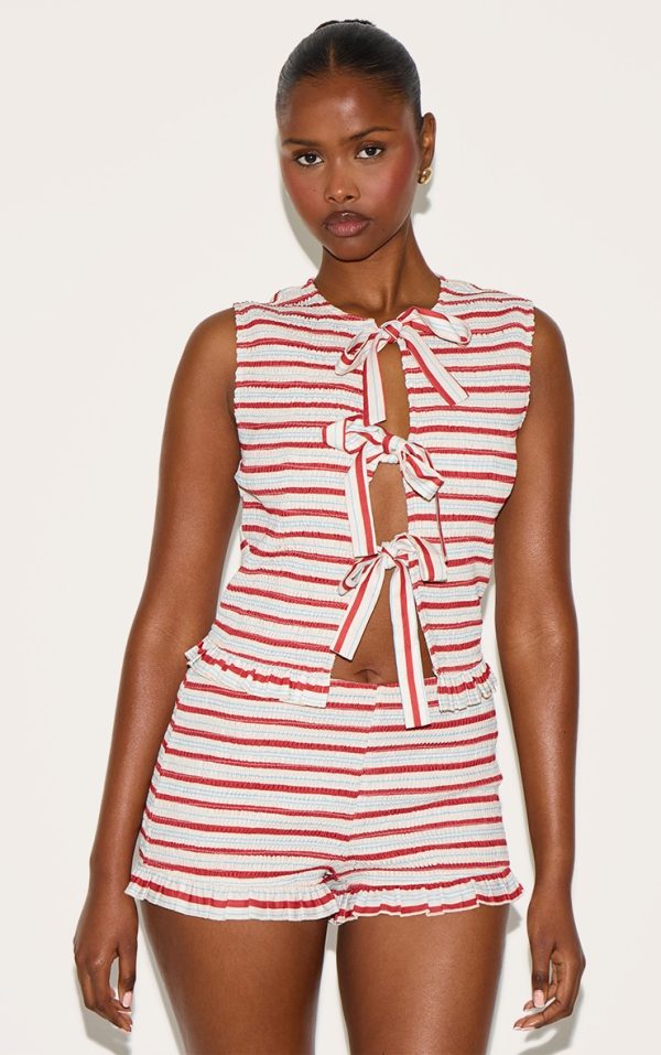 Tomato Red Stripe Tie Front Extreme Shirred Top