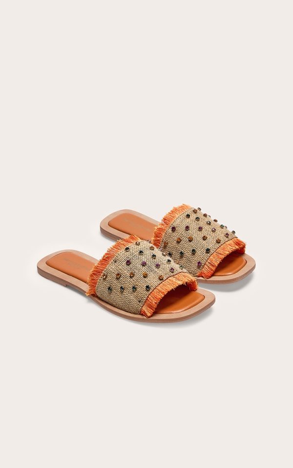 Orange Wide Fit Round Toe Raffia Fringed Diamante Woven Flat Mule Sandals
